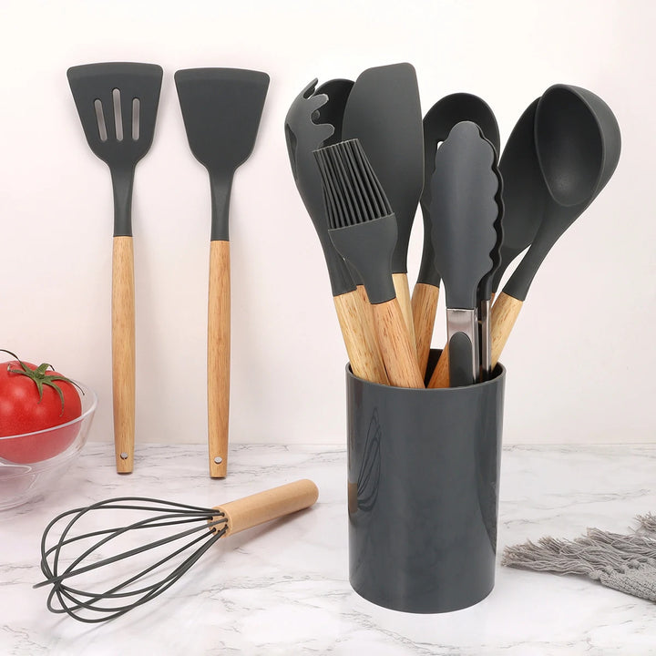 Silicone Kitchen Utensil Set with Wooden Handles